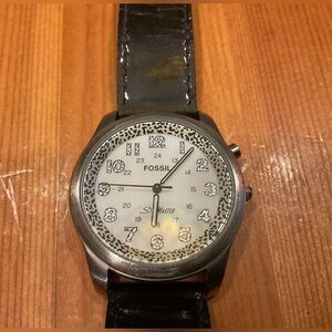 FOSSIL STARMASTER WATCH VINTAGE LEOPARD DALMATION BORDER PATENT BLACK LEATHER